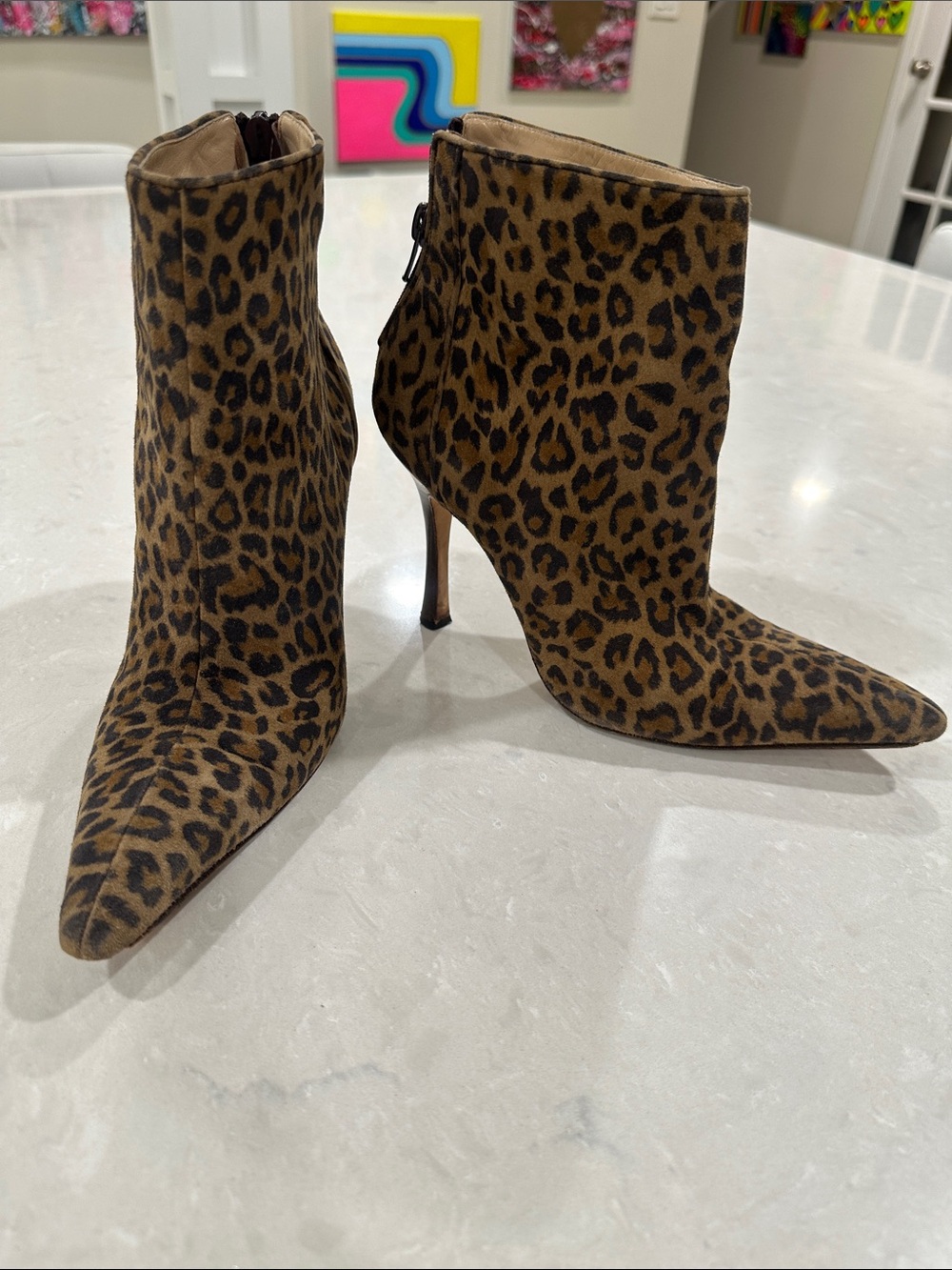 Manolo Blahnik 7 Leopard Print Pointed Toe Women's Ankle Boots